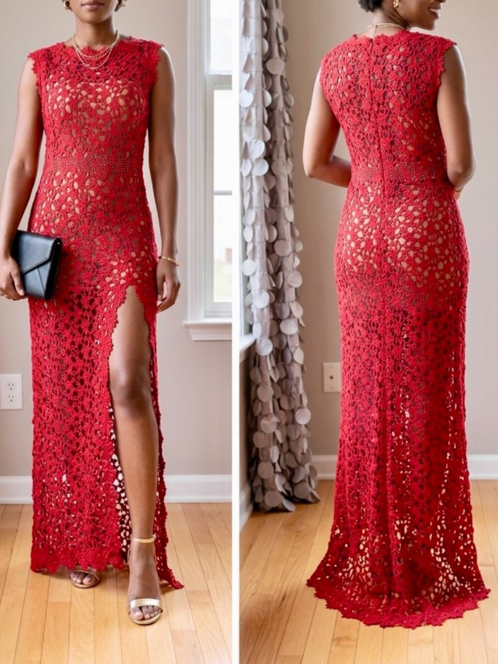 SEVERIN Red Crochet Lace Sleeveless Slit Maxi Evening Gown Dress SZ M